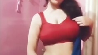 Rupsa with sexy big boobs and belly button in a red bra and blue sari
